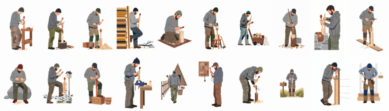 Collection of 18 workman illustrations showing a male woodworker performing various tasks with tools, isolated on a white background.