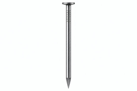 Single metal nail sharp pointed fastener for construction and DIY projects isolated on a clean white background
