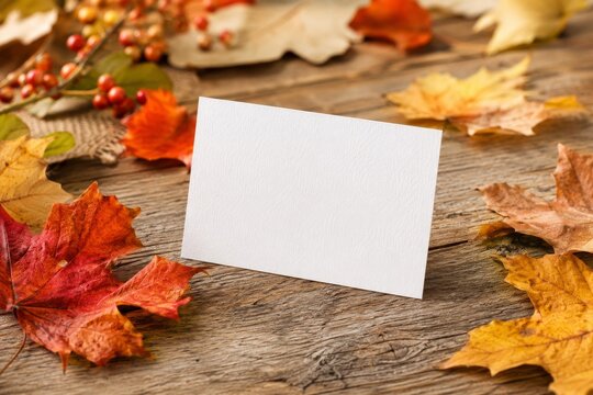 Blank place card mockup on rustic wood table with autumn leaves