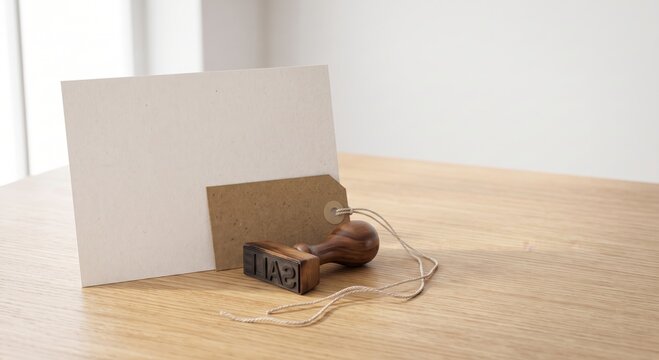 Blank promotional card mockup with sale stamp and price tag props