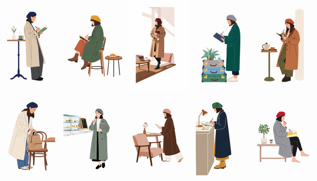 Set of flat illustrations featuring stylish women in berets and long coats engaged in various activities like writing, reading, and traveling.
