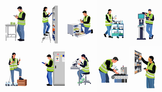 Illustrations of industrial laboratory workers in safety vests performing tasks including quality control, inventory checking, and equipment maintenance in a facility.