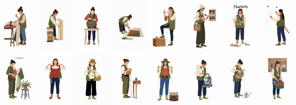Set of Illustrations Featuring Women Engaged in Diverse Creative Hobbies, DIY Projects, and Gardening Activities Wearing Utility Vests