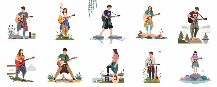 Vector illustration set of diverse young people playing acoustic and electric guitars in various scenic nature landscapes and outdoor settings.
