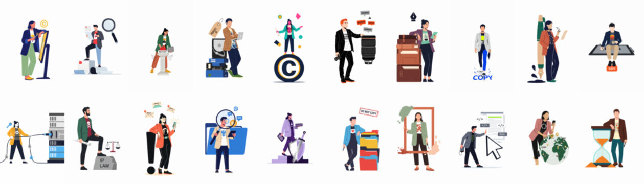 Collection of flat vector illustrations showcasing diverse business, technology, legal, and environmental concepts with modern characters for web and presentation design.