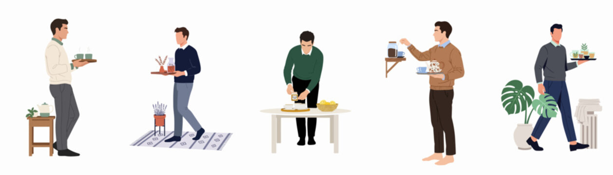 Vector illustration set of men performing daily household tasks, carrying trays, and organizing items in a modern minimalist style.