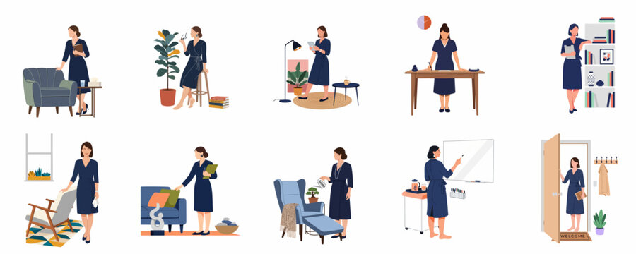 Collection of flat vector illustrations of a woman performing various daily activities at home, such as working, reading, and relaxing.
