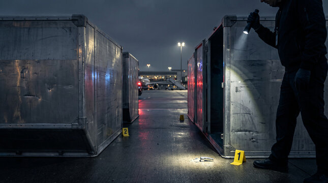 Forensic investigation at a nighttime airport cargo terminal with evidence markers and investigator using flashlight