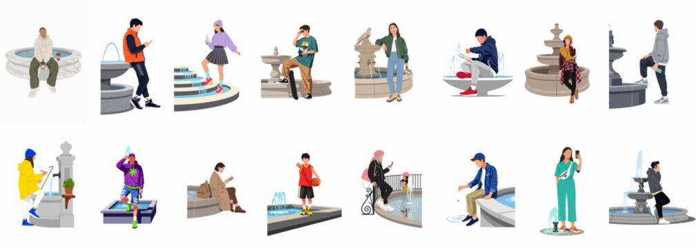 Diverse set of flat character illustrations featuring people at various park fountains, isolated on a white background for architectural visualization.