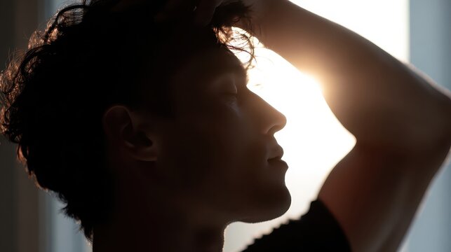 Silhouette of a man touching his hair against a bright window light