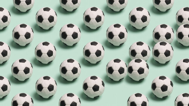 Pattern of miniature soccer balls arranged symmetrically on a light green background representing sports play and athletic hobbies