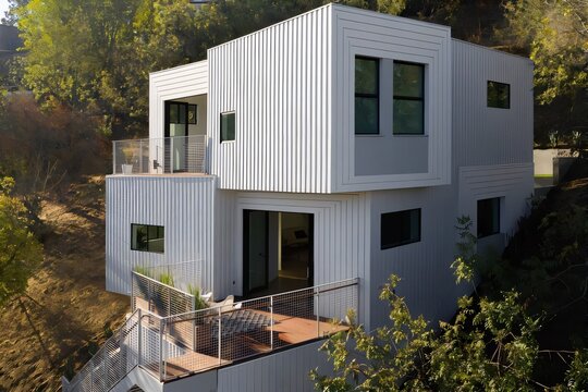 Exterior view of a modern two-story white minimalist house with corrugated metal siding, large balconies, and scenic hillside nature background.