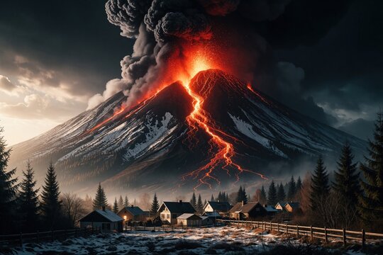 Powerful volcanic eruption with molten lava flowing down snowy mountain side. Red hot magma cascades toward small village near pine forest. Massive dark smoke clouds rise into sky above houses.