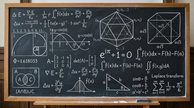 Complex Mathematical Formulas and Scientific Equations Written on a Traditional Blackboard in a Classroom Setting