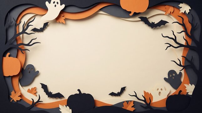 Halloween paper cut scene with pumpkins ghosts bats and autumn leaves on beige background