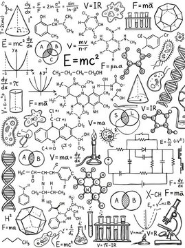 Hand Drawn Science Doodles Background with Physics Formulas Chemistry Structures Biology Sketches and Math Equations