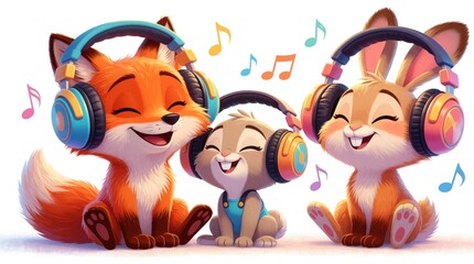 Fototapeta premium Cute fox and rabbits wear headphones enjoying music. Animals listen to songs with closed eyes and smiles. Characters feel happy and relaxed on white background.