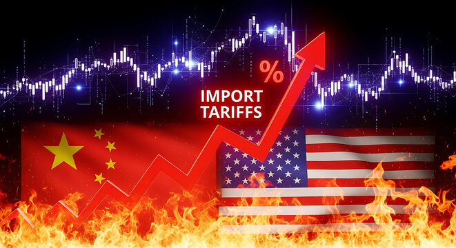 Rising import tariffs between China and U S A with burning flags and stock chart