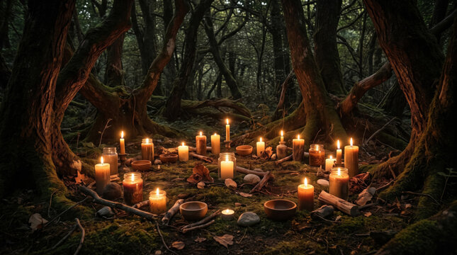 Mystical forest ritual with glowing candles arranged in a circle among ancient mossy trees, creating a magical and spiritual atmosphere for esoteric and occult themes.