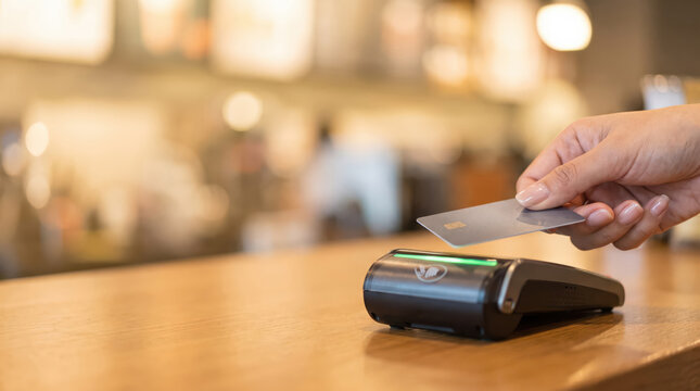 Contactless payment with credit card at POS terminal in cafe by female hand representing financial transaction and shopping