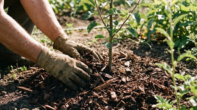 Gardener hands spreading wood mulch around a young tree sapling in a garden soil bed for landscaping and plant care