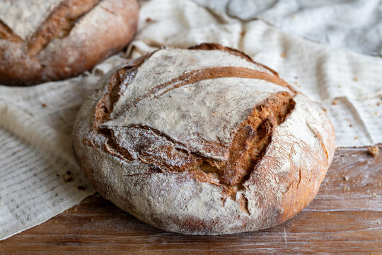 Rustic sourdough bread on cloth