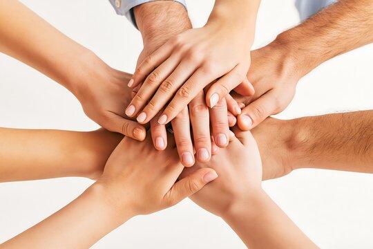 Diverse group of people stacking hands in unity and community support on white background