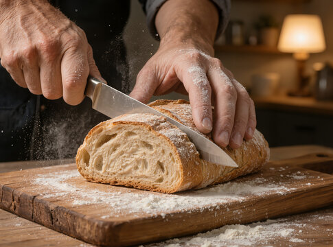 A baker's hands slice a fresh artisan sourdough loaf dusted with flour on a wooden board.