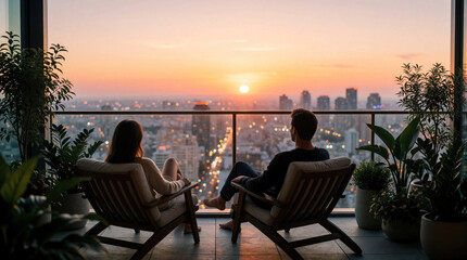 Obraz premium Couple on balcony watches city sunset from chairs. Man and woman relax on terrace, enjoying dusk cityscape view. Romantic evening at home, leisure time with plants.