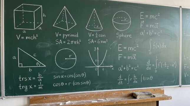Green Chalkboard Filled with Complex Mathematical Formulas Physics Equations and Geometric Shapes for Education