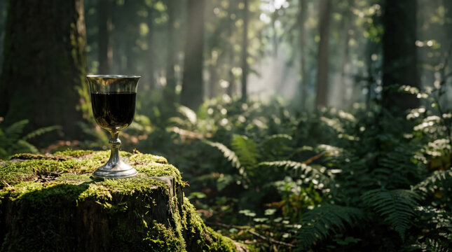 A mystical silver chalice filled with dark red wine resting on a mossy tree stump in an enchanted green forest with sunbeams filtering through the trees, representing fantasy and mystery