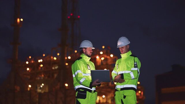 Industrial engineers inspecting an oil and gas refinery, reviewing plant operations and discussing maintenance, safety and energy infrastructure, refinery plant industry factory, Petrochemical plant.