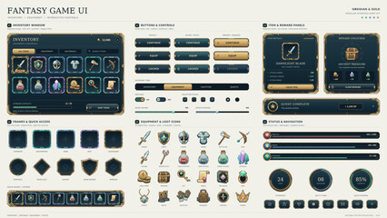 Fototapeta na wymiar Fantasy game inventory interface with gold frames and loot icons
