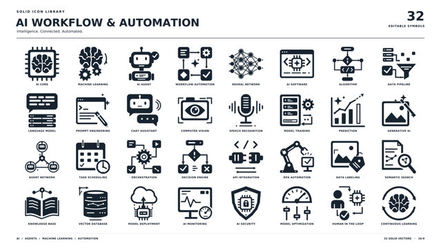 Artificial intelligence workflow and automation solid icon set