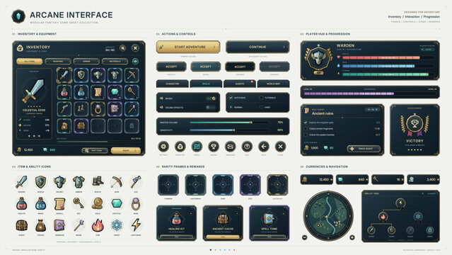Fantasy game interface with inventory and player progression