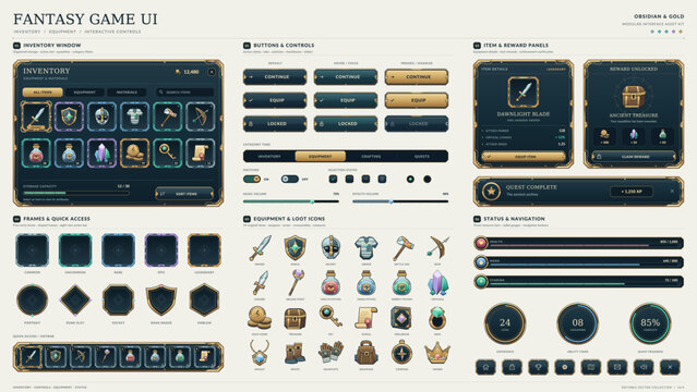 Fantasy game inventory interface with gold frames and loot icons