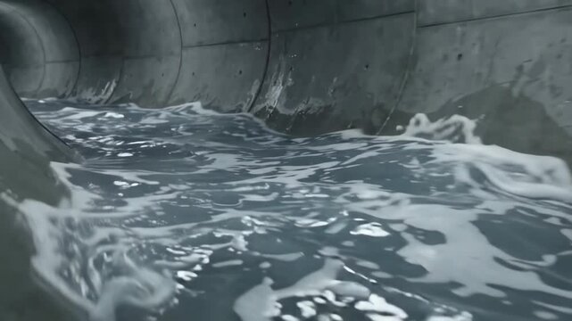 Underground concrete drainage pipe tunnel with rushing water flowing through