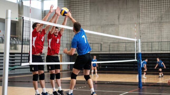 Professional male volleyball players blocking ball at indoor net during competitive match in sports arena, action sports photography concept