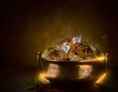 Royal Indian Mutton Biryani in Brass Pot with Silver Leaf