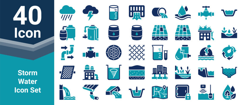 Storm water flat vector icon set featuring blue color scheme for drainage projects.