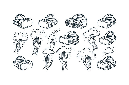 Virtual Reality VR Headset and Robotic Hand Reaching Clouds Doodle Vector Illustration Collection