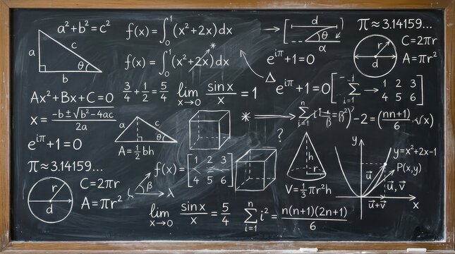 Complex Mathematical Formulas and Equations Hand-Drawn on a Blackboard for Education and Science Concept
