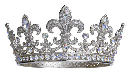 Ornate silver crown adorned with clear diamonds, isolated on transparent background © Lilia