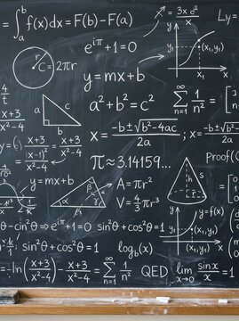 Complex Mathematical Formulas and Equations Written with White Chalk on a Blackboard for Science and Education