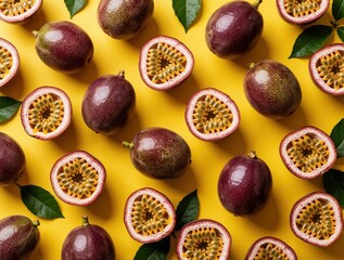 Obraz premium Top view flat lay of fresh passion fruit on bright yellow background. Whole, sliced purple exotic fruits with juicy yellow seeds create seamless pattern. Tropical organic food concept for summer