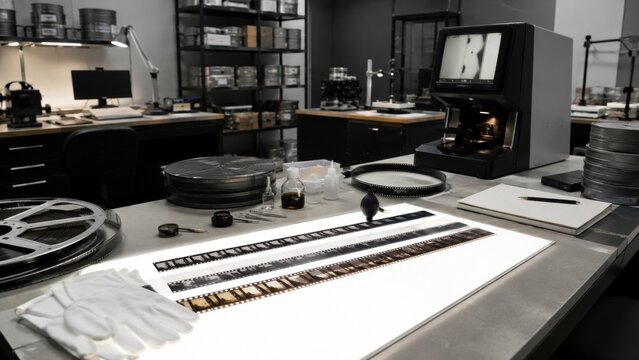 Film processing workspace in a darkroom showing reels, prints, and developing equipment during the day