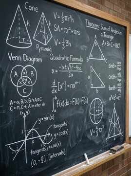 Blackboard with Complex Mathematical Formulas, Geometry Diagrams, and Calculus Equations for Education and Science