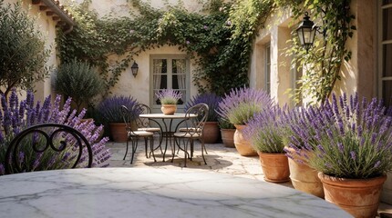 Obraz premium Tranquil courtyard with lavender, outdoor seating, and vine covered walls. Sunlight and shadow create a peaceful, inviting Mediterranean ambiance. Perfect for relaxation or a coffee break.