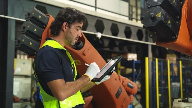 Industrial engineer inspecting a robotic arm machine in an automated manufacturing factory, robotics, automation, smart manufacturing, machine maintenance, quality control and Industry 4.0 technology.