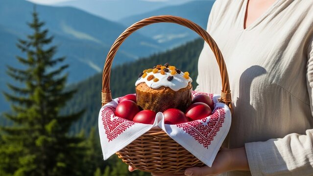 Woman holding traditional easter basket filled with red dyed eggs and sweet paska bread outdoors